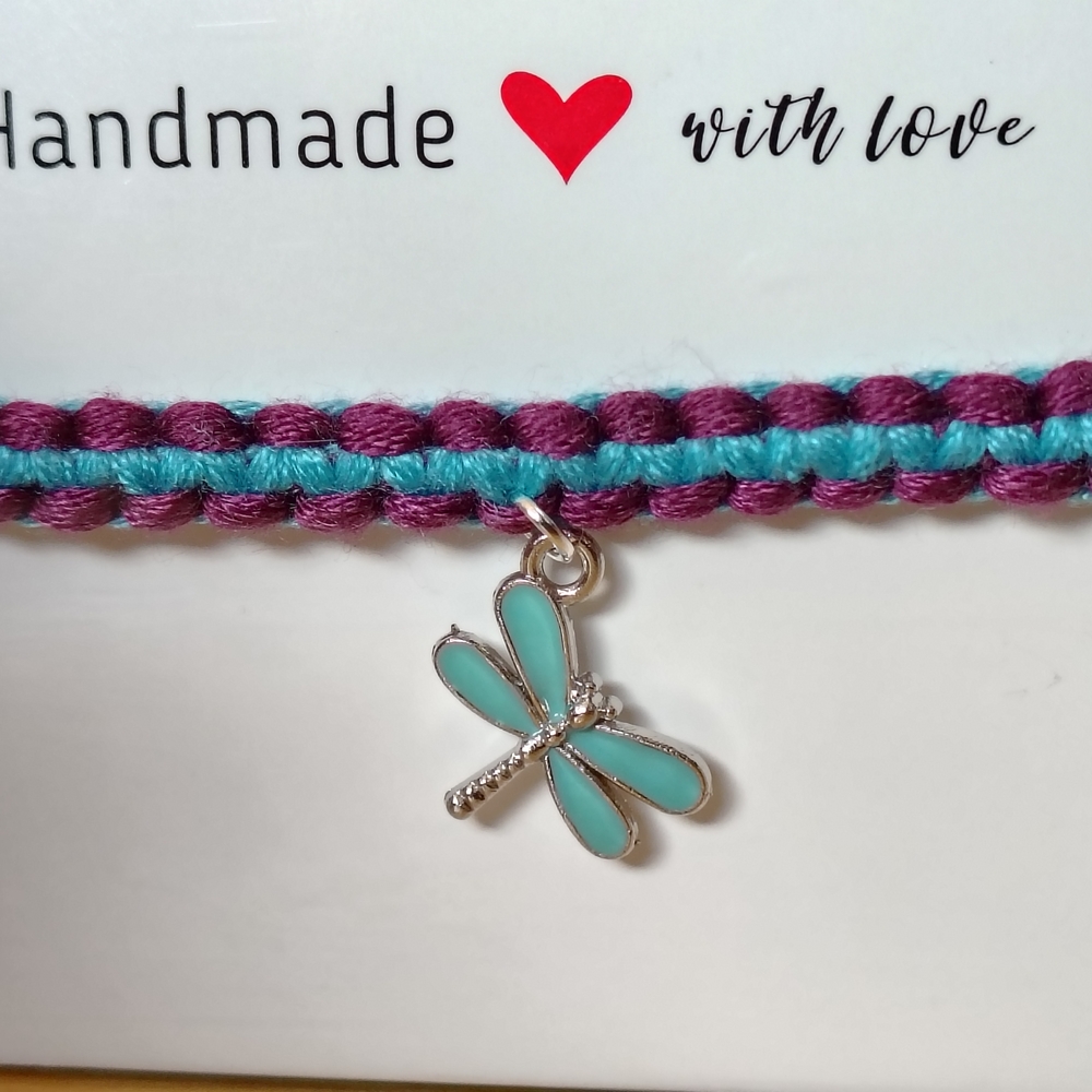 Handmade Dragonfly Charm Bracelet - Purple and Teal